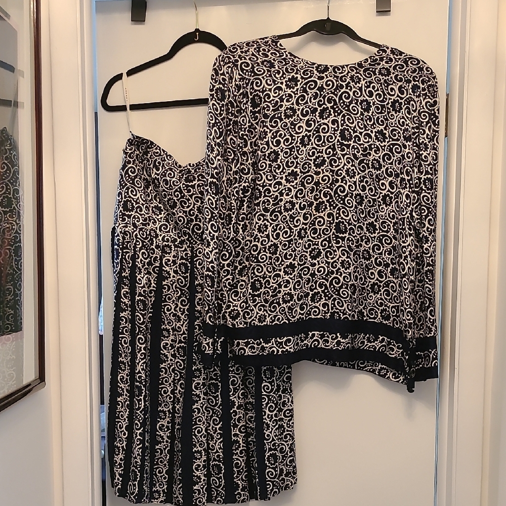 Blue and White Patterned Dress and Top Set. Stitched Down To Hips. Vtg.